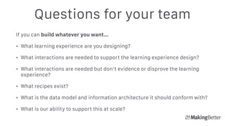 Questions for your team
If you can build whatever you want…
• What learning experience are you designing?
• What interactions are needed to support the learning experience design?
• What interactions are needed but don’t evidence or disprove the learning
experience?
• What recipes exist?
• What is the data model and information architecture it should conform with?
• What is our ability to support this at scale?
 