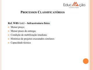 PROCESSOS CLASSIFICATÓRIOS


Ref. WBS 1.4.1 – Infraestrutura física;
 Menor preço;

 Menor prazo de entrega;

 Condição de mobilização imediata;

 Histórico de projetos executados similares

 Capacidade técnica
 