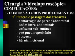 Cirurgia Videolaparoscópica COMPLICAÇÕES: 1 - COMUNS A TODOS PROCEDIMENTOS:    Punção e passagem dos trocartes     - hemorragia de parede abdominal   - lesões intra-abdominais   - enfisema sub-cutâneo   - pré-pneumoperitônio  - abscesso - hérnia incisional Sousa LH, Sousa Filho LH, Sardinha EL. Complicações em Videocirurgia. In: Silva RS, De Carli LA, editors, Videocirurgia.1a ed. Porto Alegre RS Artmed Editora S.A. 2007. p.432-433. 