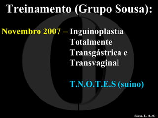 I O Treinamento (Grupo Sousa): Novembro 2007 –  Inguinoplastia  Totalmente  Transgástrica e  Transvaginal   T.N.O.T.E.S (suíno) Sousa, L. H. /07 