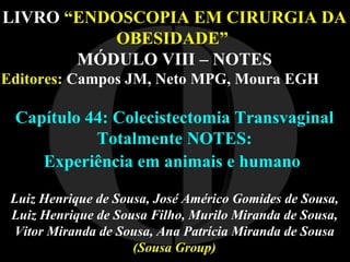 I O LIVRO   “ENDOSCOPIA EM CIRURGIA DA OBESIDADE”   MÓDULO VIII – NOTES Editores:  Campos JM, Neto MPG, Moura EGH   Capítulo 44: Colecistectomia Transvaginal Totalmente NOTES: Experiência em animais e humano   Luiz Henrique de Sousa,  José Américo Gomides de Sousa,   Luiz Henrique de Sousa Filho, Murilo Miranda de Sousa, Vitor Miranda de Sousa, Ana Patrícia Miranda de Sousa  (Sousa Group) 