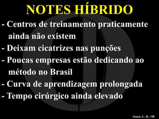 NOTES HÍBRIDO - Centros de treinamento praticamente  ainda não existem - Deixam cicatrizes nas punções - Poucas empresas estão dedicando ao método no Brasil - Curva de aprendizagem prolongada - Tempo cirúrgico ainda elevado I O Sousa, L. H. / 08 