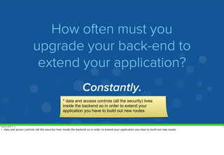 How often must you
upgrade your back-end to
extend your application?
Constantly.
* data and access controls (all the secur...