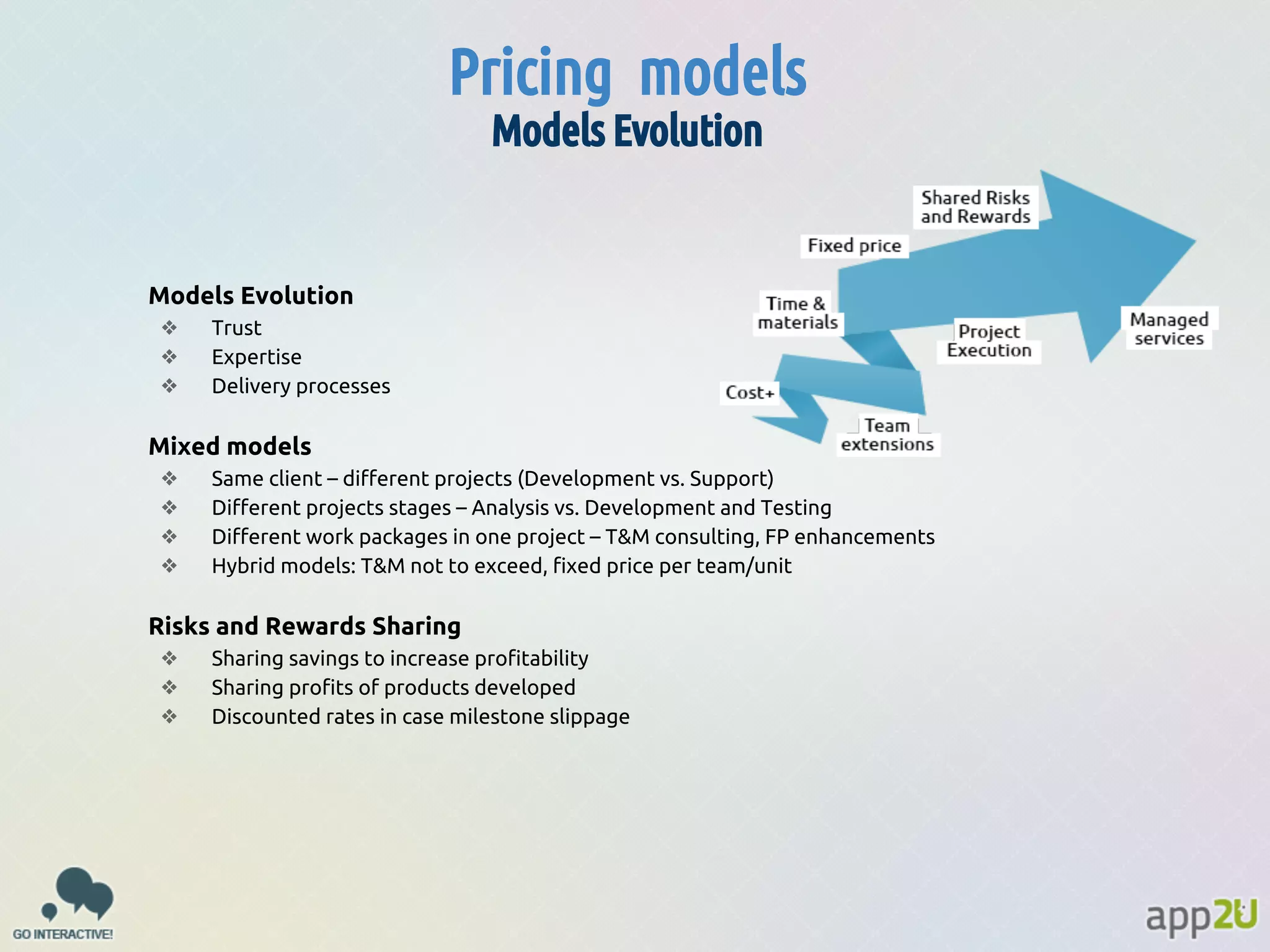 Pricing models
Models Evolution

Models Evolution
❖
❖
❖

Trust
Expertise
Delivery processes

Mixed models
❖
❖
❖
❖

Same client – different projects (Development vs. Support)
Different projects stages – Analysis vs. Development and Testing
Different work packages in one project – T&M consulting, FP enhancements
Hybrid models: T&M not to exceed, fixed price per team/unit

Risks and Rewards Sharing
❖
❖
❖

Sharing savings to increase profitability
Sharing profits of products developed
Discounted rates in case milestone slippage

 