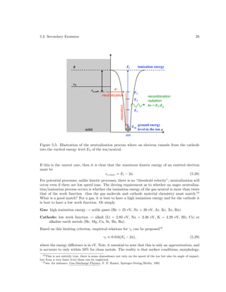 5.2. Secondary Emission

28

"

Ei

ionization energy

!F
!e,cath

e–

E3

neutralization
relaxation

E2

recombination
radiation
h# = E3-Eg

E1

EM ground energy
level in the ion x

solid
ion

Figure 5.5: Illustration of the neutralization process where an electron tunnels from the cathode
into the excited energy level E3 of the ion/neutral.

If this is the easiest case, then it is clear that the maximum kinetic energy of an emitted electron
must be
(5.28)
e,max = Ei − 2φ.

For potential processes, unlike kinetic processes, there is no “threshold velocity”; neutralization will
occur even if there are low speed ions. The driving requirement as to whether an auger neutralization/ionization process occurs is whether the ionization energy of the gas neutral is more than twice
that of the work function thus the gas molecule and cathode material chemistry must match.12
What is a good match? For a gas, it is best to have a high ionization energy and for the cathode it
is best to have a low work function. Or simply
Gas: high ionization energy → noble gases (He > 25 eV, Ne > 20 eV, Ar, Kr, Xe, Rn)
Cathode: low work function → alkali (Li ∼ 2.93 eV, Na ∼ 2.36 eV, K ∼ 2.29 eV, Rb, Cs) or
alkaline earth metals (Be, Mg, Ca, Sr, Ba, Ra).
Based on this limiting criterion, empirical relations for γi can be proposed13
γi ≈ 0.016(Ei − 2φ),

(5.29)

where the energy diﬀerence is in eV. Now, it essential to note that this is only an approximation, and
is accurate to only within 50% for clean metals. The reality is that surface conditions, morphology,
12 This is not entirely true, there is some dependnace not only on the speed of the ion but also its angle of impact,
but from a very basic level these can be neglected.
13 see, for instance, Gas Discharge Physics, Y. P. Raizer, Springer-Verlag/Brelin, 1991.

 