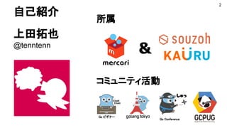 自己紹介
上田拓也
@tenntenn
2
所属
コミュニティ活動
&
Go ビギナー
Go Conference
 