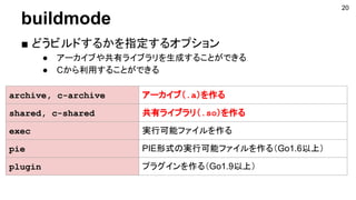 buildmode
■ どうビルドするかを指定するオプション
● アーカイブや共有ライブラリを生成することができる
● Cから利用することができる
20
archive, c-archive アーカイブ（.a）を作る
shared, c-shared 共有ライブラリ（.so）を作る
exec 実行可能ファイルを作る
pie PIE形式の実行可能ファイルを作る（Go1.6以上）
plugin プラグインを作る（Go1.9以上）
 
