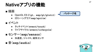 Nativeアプリの機能
■ 描画
● OpenGL ES 2（gl, exp/gl/glutil）
● 2Dシーングラフ（exp/sprite）
■ イベント
● タッチイベント（event/touch）
● ライフサイクル（event/lifecycle）
■ センサー（exp/sensor）
● 加速度、ジャイロ、磁気センサ
■ 音（exp/audio）
27
パッケージ名
 