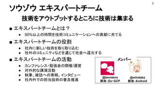 ソウゾウ エキスパートチーム
技術をアウトプットするところに技術は集まる
■ エキスパートチームとは？
● 50%以上の時間を技術コミュニケーションへの貢献に充てる
■ エキスパートチームの役割
● 社内に新しい技術を取り取り込む
● 社外のコミュニティなどを通じて社会へ還元する
■ エキスパートチームの活動
● カンファレンス・勉強会の開催/運営
● 対外的な講演活動
● 執筆、雑誌への寄稿、インタビュー
● 社内外での担当技術の普及推進
3
@tenntenn
担当：Go・GCP
@mhidaka
担当：Android
メンバー
 