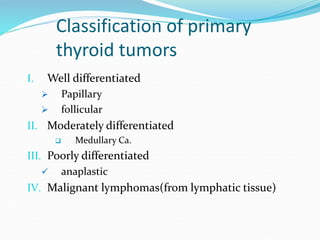 Classification of primary
thyroid tumors
I. Well differentiated
 Papillary
 follicular
II. Moderately differentiated
 M...