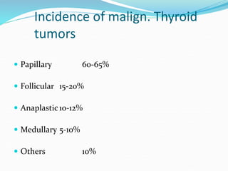 Incidence of malign. Thyroid
tumors
 Papillary 60-65%
 Follicular 15-20%
 Anaplastic10-12%
 Medullary 5-10%
 Others 1...