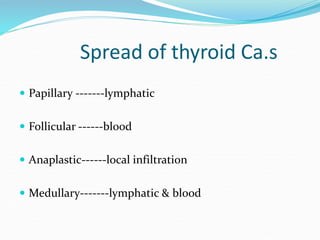 Spread of thyroid Ca.s
 Papillary -------lymphatic
 Follicular ------blood
 Anaplastic------local infiltration
 Medull...