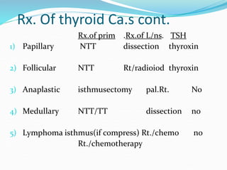 Rx. Of thyroid Ca.s cont.
Rx.of prim .Rx.of L/ns. TSH
1) Papillary NTT dissection thyroxin
2) Follicular NTT Rt/radioiod t...