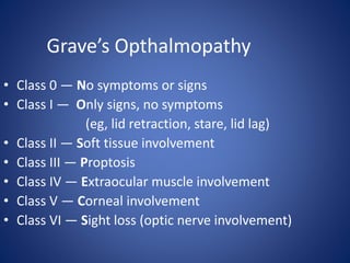 Grave’s Opthalmopathy
• Class 0 — No symptoms or signs
• Class I — Only signs, no symptoms
(eg, lid retraction, stare, lid lag)
• Class II — Soft tissue involvement
• Class III — Proptosis
• Class IV — Extraocular muscle involvement
• Class V — Corneal involvement
• Class VI — Sight loss (optic nerve involvement)
 