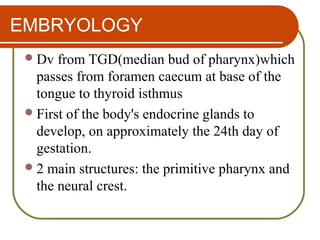EMBRYOLOGY
Dv from TGD(median bud of pharynx)which
passes from foramen caecum at base of the
tongue to thyroid isthmus
First of the body's endocrine glands to
develop, on approximately the 24th day of
gestation.
2 main structures: the primitive pharynx and
the neural crest.
 
