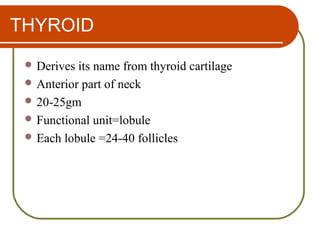 THYROID
 Derives its name from thyroid cartilage
 Anterior part of neck
 20-25gm
 Functional unit=lobule
 Each lobule =24-40 follicles
 