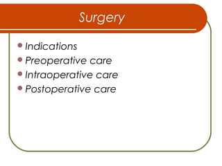Surgery
Indications
Preoperative care
Intraoperative care
Postoperative care
 