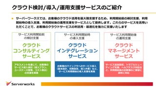 クラウド検討/導⼊/運⽤⽀援サービスのご紹介
l サーバーワークスでは、お客様のクラウド活⽤を最⼤限⽀援するため、利⽤開始前の検討⽀援、利⽤
開始時の導⼊⽀援、利⽤開始後の運⽤⽀援をサービスとして提供します。これらのサービスを活⽤い
ただくことで、お客様のクラウドサービスの利活⽤・最適化を強⼒に⽀援いたします
アセスメントを通じて、お客様の
サービス導⼊検討（導⼊プラン、
ユースケース整理、コスト算出）
の⽀援を実施
サービス利⽤開始前
の検討⽀援
クラウド
コンサルティング
サービス
お客様のITインフラへのサービス導⼊
（基本設計、初期設定、導⼊作業）など、
サービス利⽤開始の導⼊⽀援を実施
サービス利⽤開始時
の導⼊⽀援
クラウド
インテグレーション
サービス
サービス追加設定、トラブルシュー
ティング⽀援、ヘルプデスク対応な
ど、利⽤開始後のお客様のご要望に
柔軟に対応
サービス利⽤開始後
の運⽤⽀援
クラウド
マネージメント
サービス
 