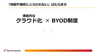「時間や場所にとらわれない」はたらき⽅
徹底的な
クラウド化 BYOD制度×
 