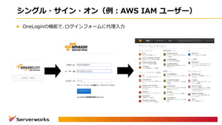 シングル・サイン・オン（例：AWS IAM ユーザー）
l OneLoginの機能で､ログインフォームに代理⼊⼒
 