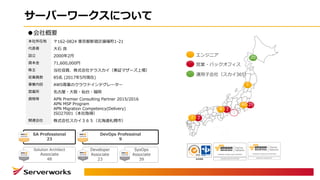 サーバーワークスについて
20
1
0
2540
28
22
エンジニア
営業・バックオフィス
運⽤⼦会社（スカイ365）
Solution Architect
Associate
48
SysOps
Associate
39
SA Professional
23
DevOps Professinal
9
Developer
Associate
23
本社所在地 〒162-0824 東京都新宿区揚場町1-21
代表者 ⼤⽯ 良
設⽴ 2000年2⽉
資本⾦ 71,600,000円
株主 当社役員、株式会社テラスカイ（東証マザーズ上場）
従業員数 85名 (2017年5⽉現在)
事業内容 AWS専業のクラウドインテグレーター
営業所 名古屋・⼤阪・仙台・福岡
資格等 APN Premier Consulting Partner 2015/2016
APN MSP Program
APN Migration Competency(Delivery)
ISO27001（本社取得）
関連会社 株式会社スカイ３６５（北海道札幌市）
●会社概要
 