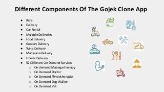 ● Ride
● Delivery
● Car Rental
● Multiple Deliveries
● Food delivery
● Grocery Delivery
● Wine Delivery
● Marijuana Delivery
● Flower Delivery
● 52 Different On Demand Services
o On demand Massage therapy
o On Demand Doctor
o On Demand Physiotherapist
o On Demand Dog Walker
o On Demand Vet
Different Components Of The Gojek Clone App
 