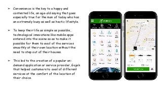 ➢ Convenience is the key to a happy and
contented life, an age-old saying that goes
especially true for the man of today who has
an extremely busy as well as hectic lifestyle.
➢ To keep their life as simple as possible,
technological innovations like mobile apps
entered into the scene so as to make it
possible for them to avail of the services
smoothly at their own location without the
need to step out of their houses.
➢ This led to the creation of a popular on-
demand application or service provider, Gojek
that helped customers to avail of different
services at the comfort of the location of
their choice.
 