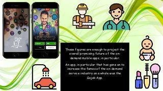 These figures are enough to project the
overall promising future of the on-
demand mobile apps, in particular.
An app, in particular that has gone on to
increase the fames of the on-demand
service industry on a whole was the
Gojek App.
 
