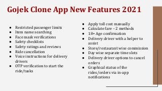Gojek Clone App New Features 2021
● Restricted passenger limits
● Item name searching
● Face mask verifications
● Safety checklists
● Safety ratings and reviews
● Ride cancellation
● Voice instructions for delivery
drivers
● OTP verification to start the
ride/tasks
● Apply toll cost manually
● Calculate fare – 2 methods
● 18+ Age confirmation
● Delivery driver with a helper to
assist
● Store/restaurant wise commission
● Day wise separate time slots
● Delivery driver options to cancel
orders
● Graphical status of the
rides/orders via in-app
notifications
 