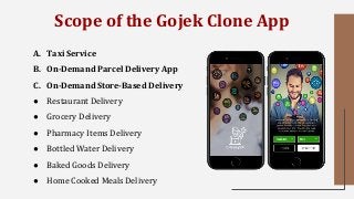 Scope of the Gojek Clone App
A. Taxi Service
B. On-Demand Parcel Delivery App
C. On-Demand Store-Based Delivery
● Restaurant Delivery
● Grocery Delivery
● Pharmacy Items Delivery
● Bottled Water Delivery
● Baked Goods Delivery
● Home Cooked Meals Delivery
 