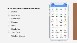 D. Hire On-Demand Service Provider
● Doctor
● Beautician
● Electrician
● Plumber
● Maid
● HandyMan
● Tow Truck
● Window Cleaner
 
