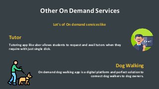 Other On Demand Services
Lot's of On demand services like
Tutor
Tutoring app like uber allows students to request and avail tutors when they
require with just single click.
Dog Walking
On demand dog walking app is a digital platform and perfect solution to
connect dog walkers to dog owners.
 