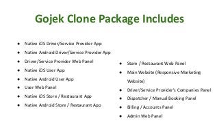 Gojek Clone Package Includes
● Native iOS Driver/Service Provider App
● Native Android Driver/Service Provider App
● Driver/Service Provider Web Panel
● Native iOS User App
● Native Android User App
● User Web Panel
● Native iOS Store / Restaurant App
● Native Android Store / Restaurant App
● Store / Restaurant Web Panel
● Main Website (Responsive Marketing
Website)
● Driver/Service Provider's Companies Panel
● Dispatcher / Manual Booking Panel
● Billing / Accounts Panel
● Admin Web Panel
 