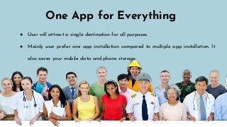 One App for Everything
● User will attract a single destination for all purposes.
● Mainly user prefer one app installation compared to multiple app installation. It
also saves your mobile data and phone storage.
 
