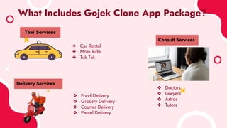 What Includes Gojek Clone App Package?
Taxi Services
Delivery Services
Consult Services
❖ Car Rental
❖ Moto Ride
❖ Tuk Tuk
❖ Food Delivery
❖ Grocery Delivery
❖ Courier Delivery
❖ Parcel Delivery
❖ Doctors
❖ Lawyers
❖ Astros
❖ Tutors
 