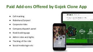 Paid Add-ons Offered by Gojek Clone App
● Call masking
● Rideshare/Carpool
● Corporate rides
● Company dispatch panel
● Kiosk booking app
● Admin roles and rights
● Tracking of the ride
● Social media login etc
 