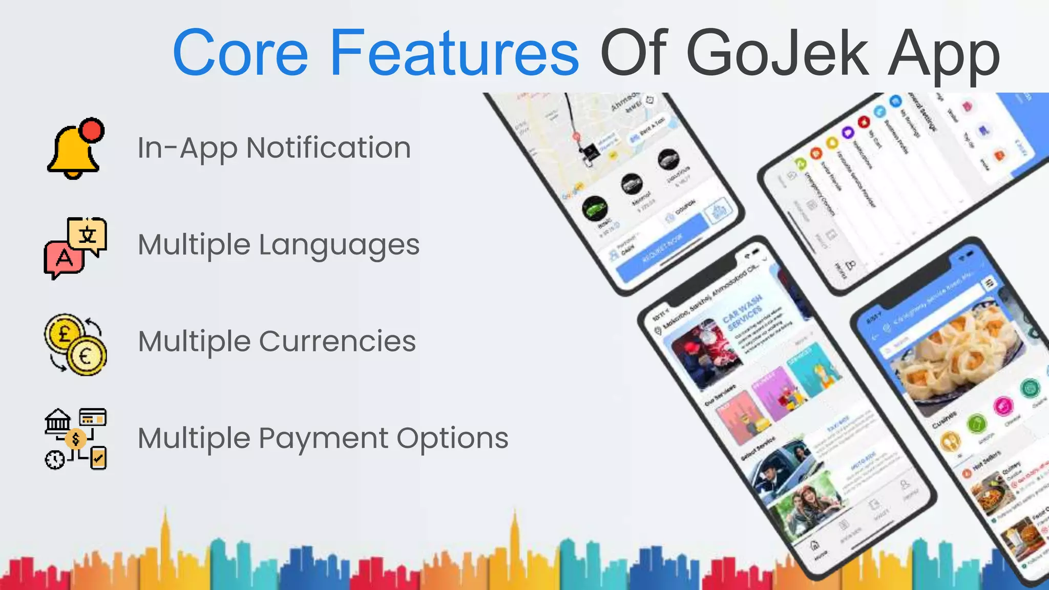 In-App Notification
Multiple Languages
Multiple Currencies
Multiple Payment Options
Core Features Of GoJek App
 