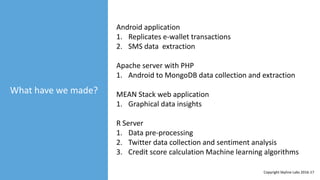 What have we made?
Android application
1. Replicates e-wallet transactions
2. SMS data extraction
Apache server with PHP
1. Android to MongoDB data collection and extraction
MEAN Stack web application
1. Graphical data insights
R Server
1. Data pre-processing
2. Twitter data collection and sentiment analysis
3. Credit score calculation Machine learning algorithms
Copyright Skyline Labs 2016-17
 