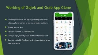 Working of Gojek and Grab App Clone
► Make registration on the app by providing your email
address, phone number or any social media platform.
► Choose your service
► Enjoy your service in a few minutes
► Make your payment by cash, credit card or debit card
► Give your valuable feedbacks and reviews depending on
your experience.
 