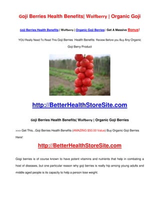 Goji Berries Health Benefits| Wolfberry | Organic Goji

   Goji Berries Health Benefits | Wolfberry | Organic Goji Berries: Get A Massive Bonus!


  YOU Really Need To Read This Goji Berries Health Benefits Review Before you Buy Any Organic

                                        Goji Berry Product




            http://BetterHealthStoreSite.com

           Goji Berries Health Benefits| Wolfberry | Organic Goji Berries

>>> Get This...Goji Berries Health Benefits (AMAZING $50.00 Value) Buy Organic Goji Berries

Here!


                 http://BetterHealthStoreSite.com

Gogi berries is of course known to have potent vitamins and nutrients that help in combating a

host of diseases, but one particular reason why goji berries is really hip among young adults and

middle aged people is its capacity to help a person lose weight.
 