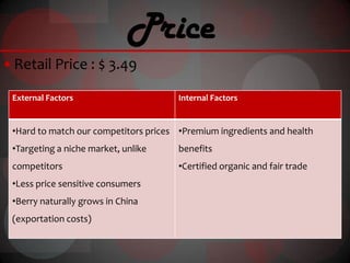 Price
 Retail Price : $ 3.49

 External Factors                      Internal Factors


 •Hard to match our competitors prices •Premium ingredients and health
 •Targeting a niche market, unlike     benefits
 competitors                           •Certified organic and fair trade
 •Less price sensitive consumers
 •Berry naturally grows in China
 (exportation costs)
 