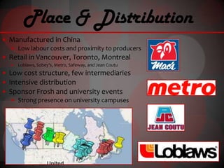 Place & Distribution
 Manufactured in China
   Low labour costs and proximity to producers
 Retail in Vancouver, Toronto, Montreal
      Loblaws, Sobey’s, Metro, Safeway, and Jean Coutu
 Low cost structure, few intermediaries
 Intensive distribution
 Sponsor Frosh and university events
    Strong presence on university campuses
 