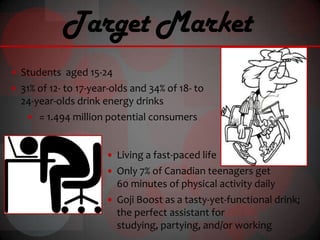 Target Market
 Students aged 15-24
 31% of 12- to 17-year-olds and 34% of 18- to
  24-year-olds drink energy drinks
    = 1.494 million potential consumers



                       Living a fast-paced life
                       Only 7% of Canadian teenagers get
                        60 minutes of physical activity daily
                       Goji Boost as a tasty-yet-functional drink;
                        the perfect assistant for
                        studying, partying, and/or working
 