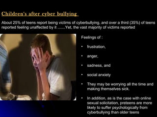About 25% of teens report being victims of cyberbullying, and over a third (35%) of teens reported feeling unaffected by it .......Yet, the vast majority of victims reported  Feelings of : frustration, anger, sadness, and social anxiety  They may be worrying all the time and making themselves sick. In addition, as is the case with online sexual solicitation, preteens are more likely to suffer psychologically from cyberbullying than older teens  Children's after cyber bullying  