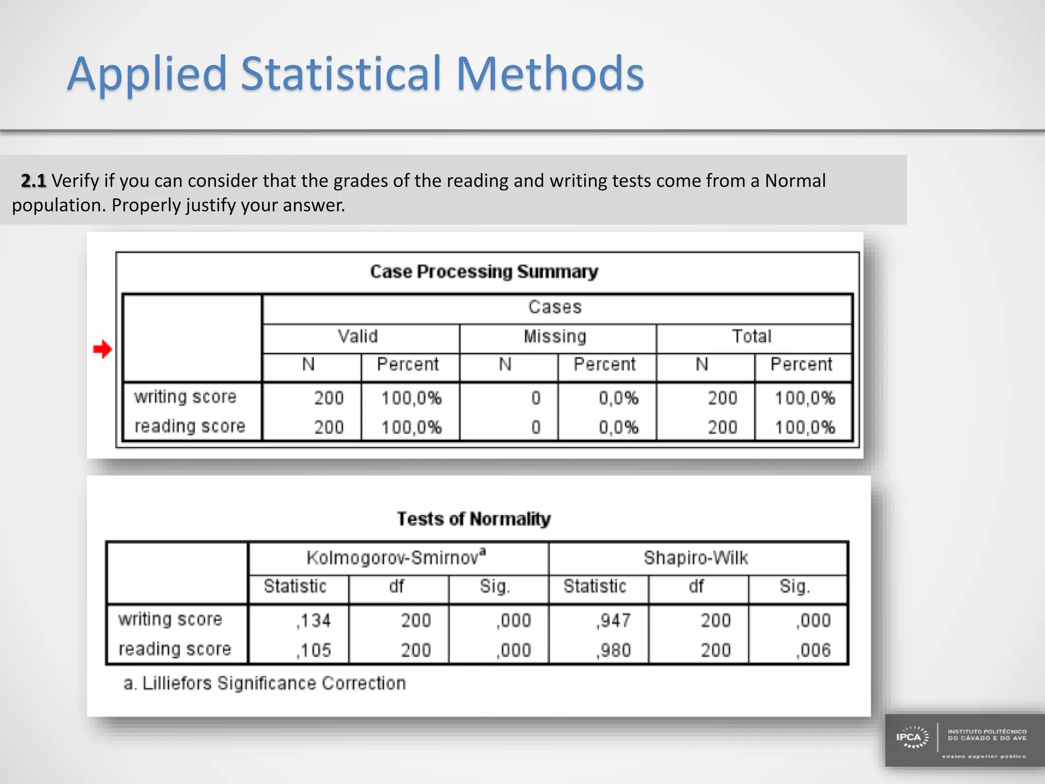 Applied Statistical Methods
2.1 Verify if you can consider that the grades of the reading and writing tests come from a Normal
population. Properly justify your answer.
 