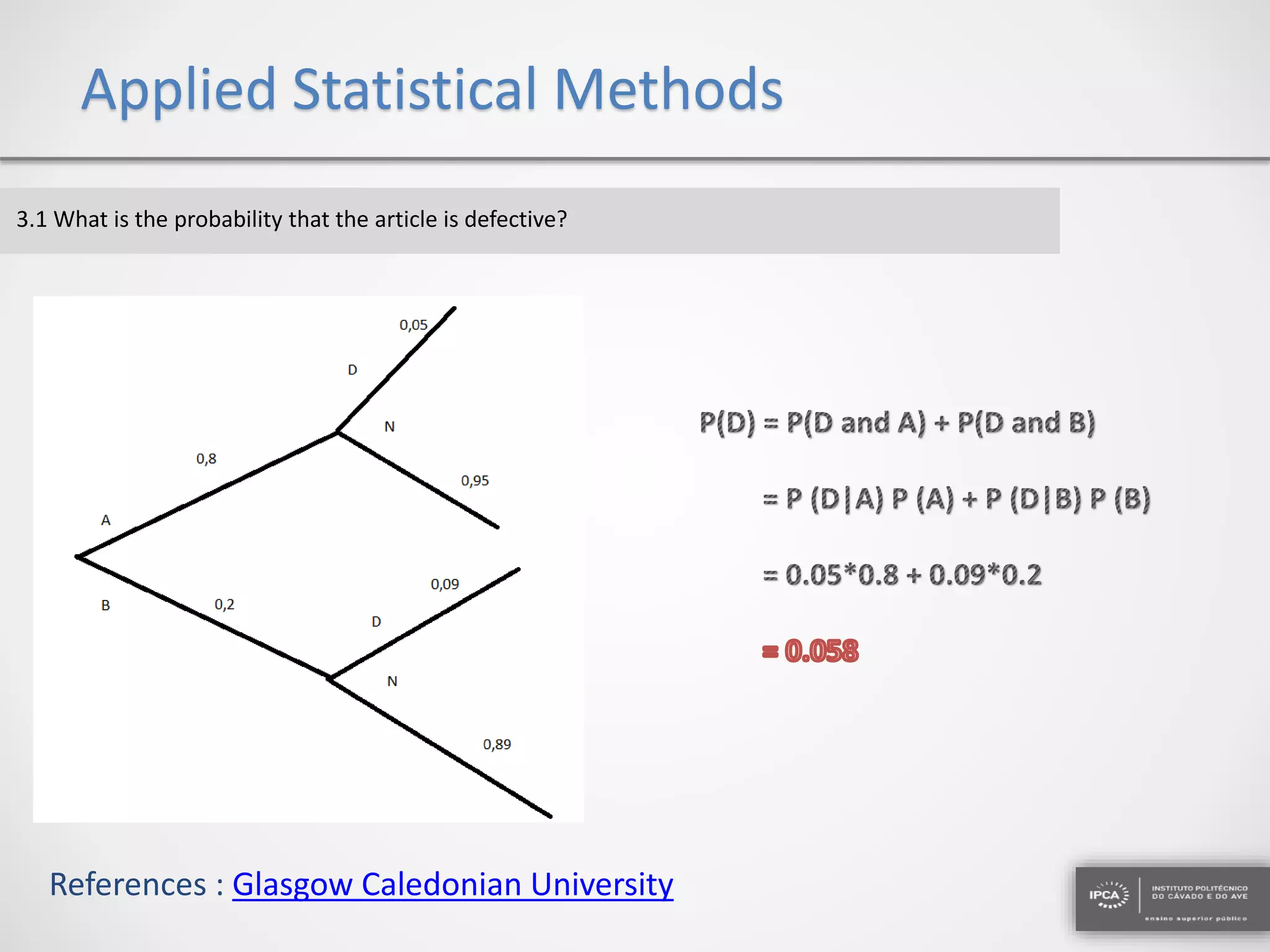 Applied Statistical Methods
3.1 What is the probability that the article is defective?
References : Glasgow Caledonian University
 