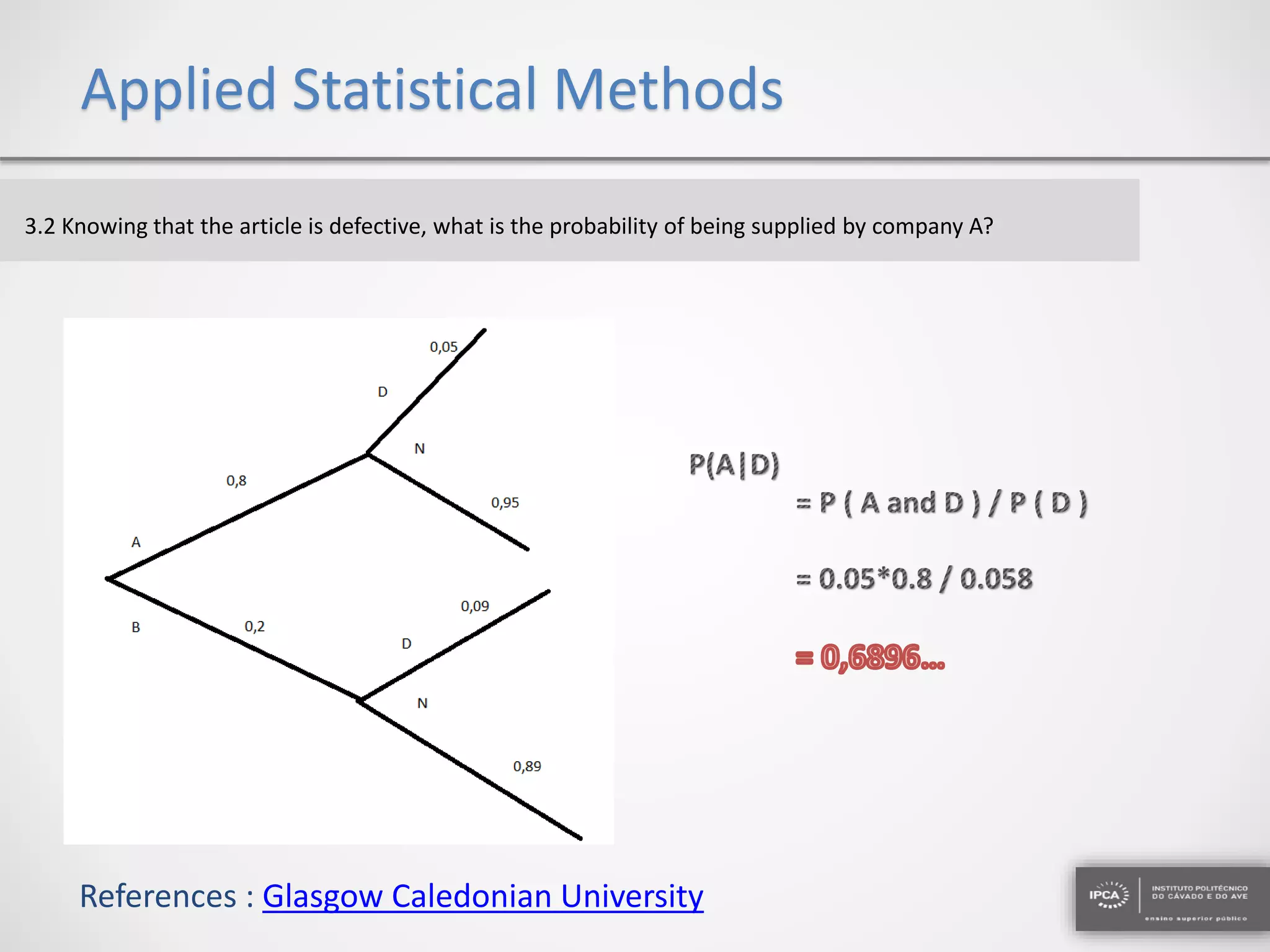 Applied Statistical Methods
References : Glasgow Caledonian University
3.2 Knowing that the article is defective, what is the probability of being supplied by company A?
 