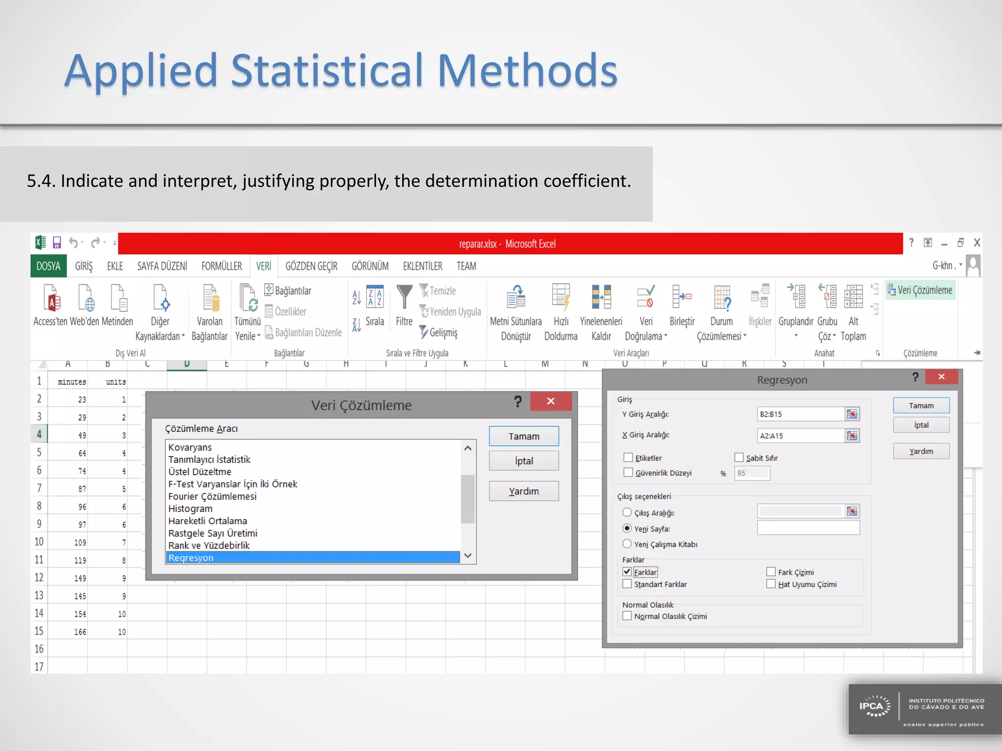 Applied Statistical Methods
5.4. Indicate and interpret, justifying properly, the determination coefficient.
 