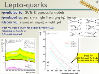 Lepto-quarks
                                                      SN                     22
                                                        -AT
                                                           LA
                                                                S-2
                                                                   00
                                                                      5-0
                                                                            51
 predicted by: GUTs & composite models
 produced as: pairs + single from g-g (q) fusion
 decay via: e(type1) or ν(type2) + light jet
•Fast MC based study for Scalar & Vector LQs
•Coupling κ, λ=e (for V)
•LQ-mass scanned




                                                          @ 100 fb-1
                                                   1.2 TeV reach for S LQs
                                                   1.5 TeV reach for V LQs
 
