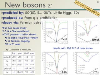 New bosons Z′
                                                        AT                          24
                                                           LAS
                                                               -PH
                                                                  YS
                                                                     -PU
                                                                        B-2
                                                                           00
predicted by: SO(10), E6.. GUTs, Little Higgs, EDs                            6-0
                                                                                 24

produced as: from q-q annihilation
decay via: fermion pairs
•Full MC based study
•1.5 & 4 TeV considered
•CDDT parametrization shown
   •g is global coupling strength
                                           B-xL                            10+x5
   •x is fermion coupling
   •M is Z’ mass
                                    results with 100 fb-1 of data shown
   by G.Veramendi at Pheno 2005




                                           d-xu                               q+xu
 